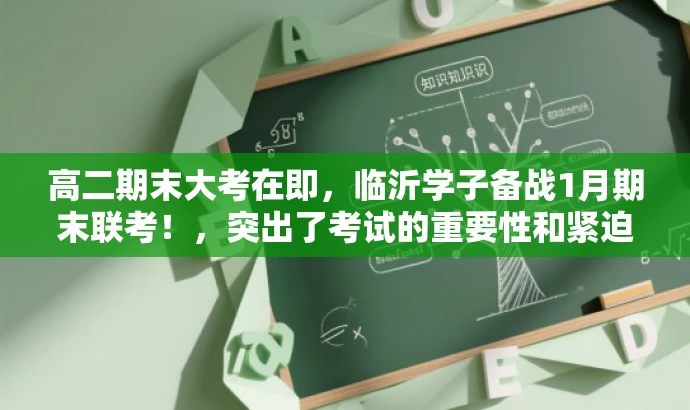 高二期末大考在即,临沂学子备战1月期末联考!,突出了考试的重要性和紧迫性,同时针对目标人群(高二学生)的需求,语言简洁且具有吸引力。 高二期末大考在即,临沂学子备战1月期末联考!,突出了考试的重要性和紧迫性,同时针对目标人群(高二学生)的需求,语言简洁且具有吸引力。
